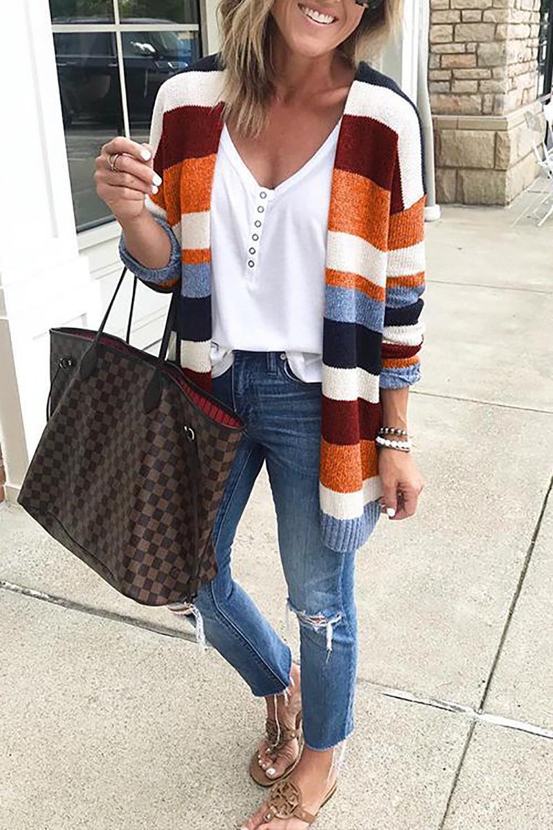 Autumn Women's Color Block Striped Loose Long Sleeve Knit Sweaters Coat - SunLify