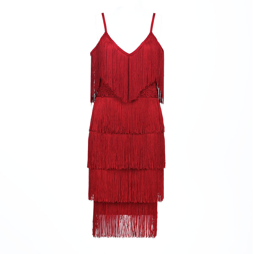 Strap Tassel Stitching Dress Halter Evening Dress - SunLify