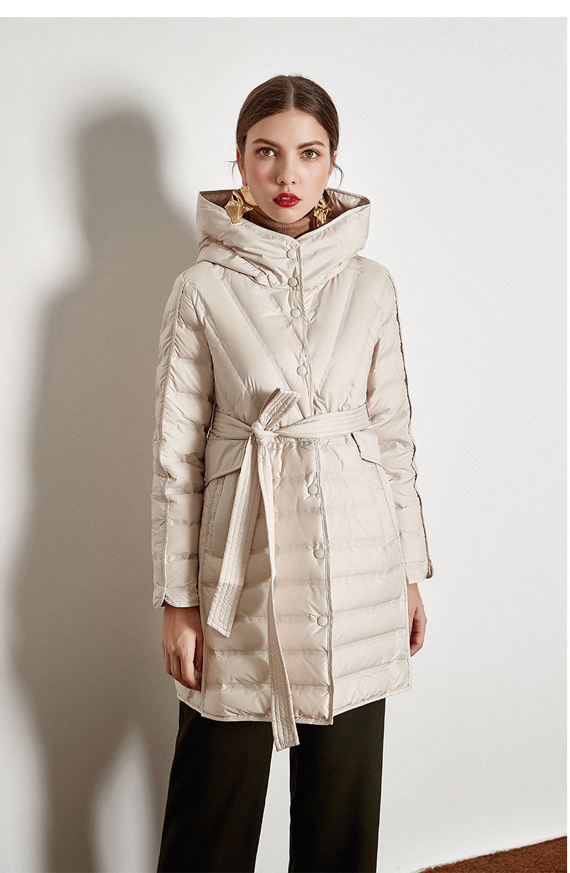 Lace-up Hooded Down Jacket White Duck Down Coat Female Winter Coat - SunLify