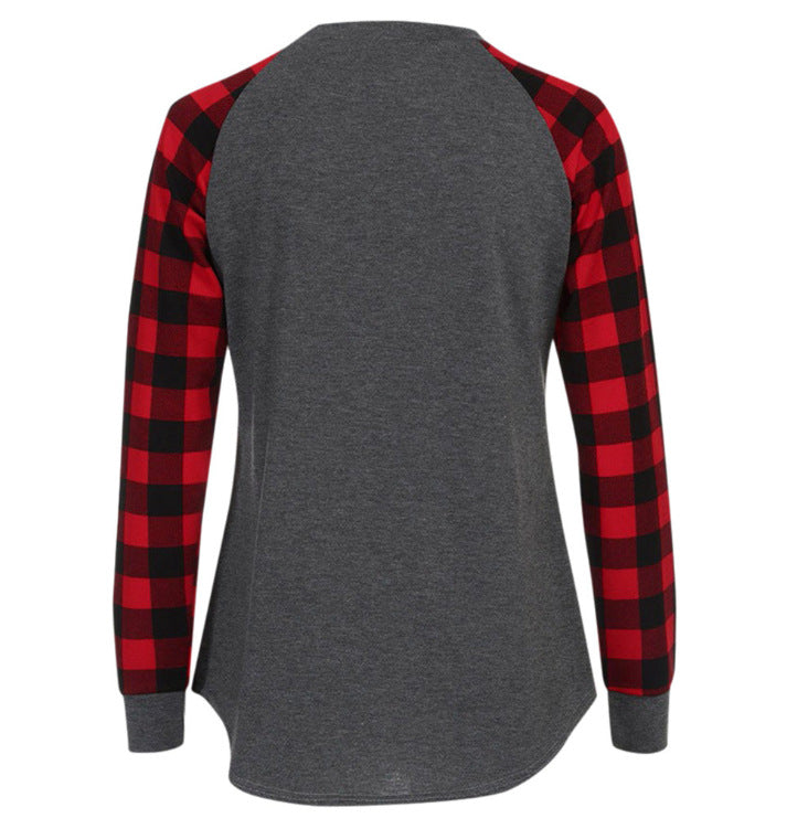 Round Neck Plaid Christmas Ladies T-Shirt - SunLify