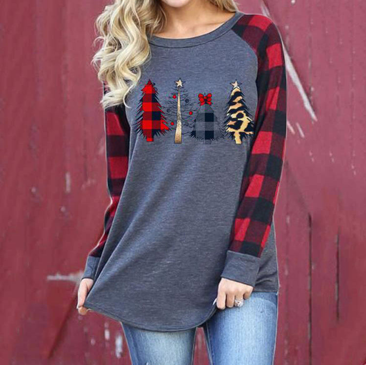 Round Neck Plaid Christmas Ladies T-Shirt - SunLify