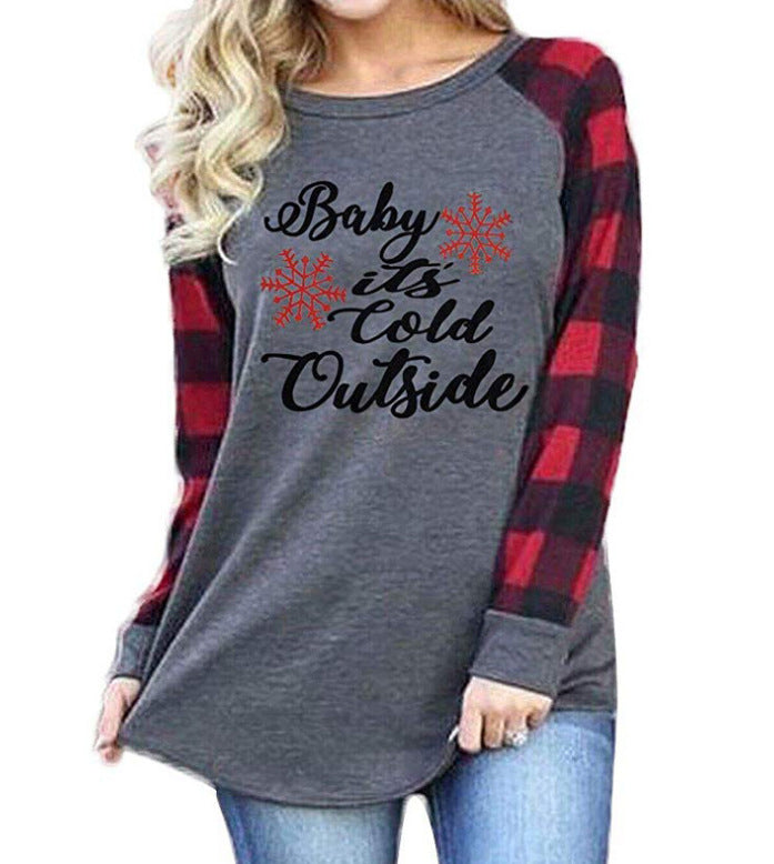 Round Neck Plaid Christmas Ladies T-Shirt - SunLify