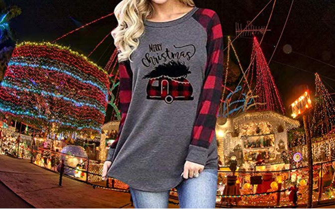 Round Neck Plaid Christmas Ladies T-Shirt - SunLify