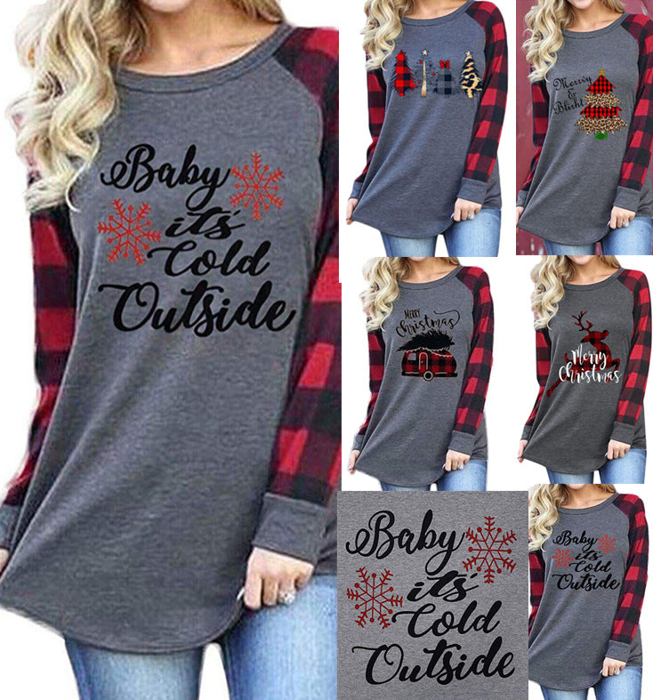 Round Neck Plaid Christmas Ladies T-Shirt - SunLify