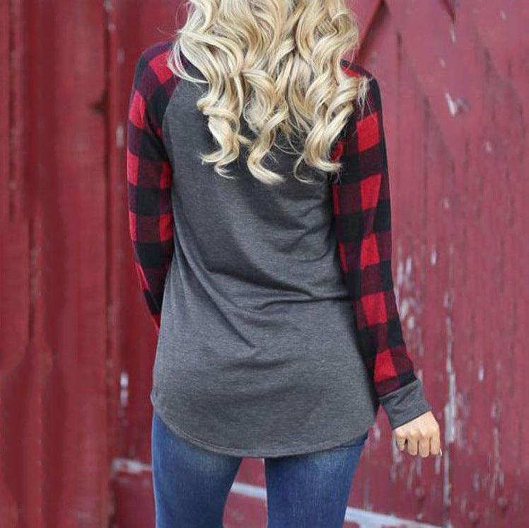 Round Neck Plaid Christmas Ladies T-Shirt - SunLify