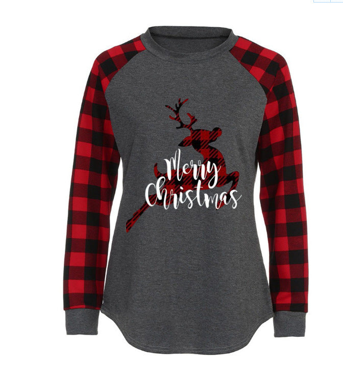 Round Neck Plaid Christmas Ladies T-Shirt - SunLify