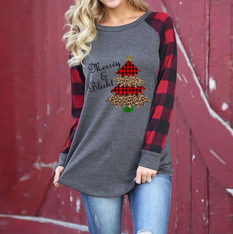 Round Neck Plaid Christmas Ladies T-Shirt - SunLify