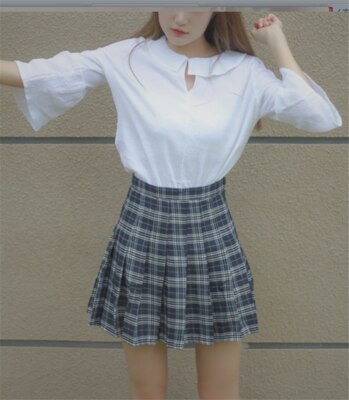 New Japanese lattice skirt high waist pleated was thin A-Line skirt - SunLify