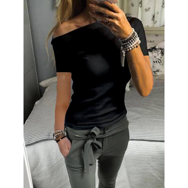 New Solid Color Strapless short-Sleeve T-shirt Female Skew Collar - SunLify