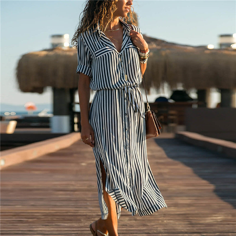 Office Ladies Stripe Shirt Dress Chiffon Casual Long Sleeve Dress - SunLify