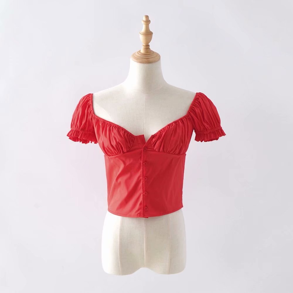 Women Frill Trim Vintage Blouse Summer Casual Short Sleeve Top - SunLify