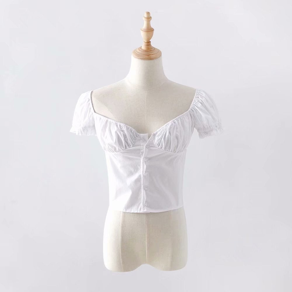 Women Frill Trim Vintage Blouse Summer Casual Short Sleeve Top - SunLify