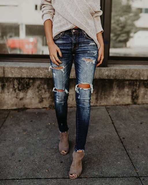 Fashion Bleached Tassel Ripped distressed jeans Women Cotton Denim Slim elastic Pants Vintage Pencil Skinny trousers jeans - SunLify