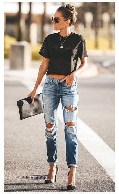 Spring Fashion Hole Ripped Jeans Women Destroyed Cool Denim Mid Waist Skinny Jeans Pants Summer Slim Pencil Jeans Trousers - SunLify