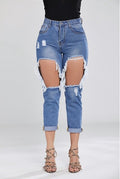 Spring summer Fashion ripped Hole denim pants Women Cotton Denim Jean Loose Casual Elastic Cross-pants vintage Street jeans - SunLify