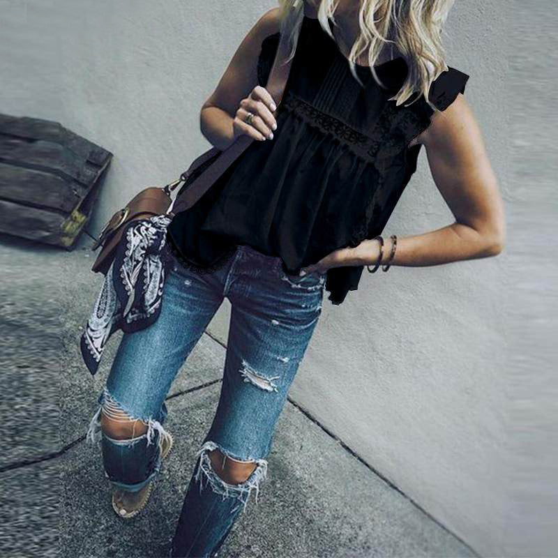 Women Summer Blouse Sleeveless Tops Lace Hollow Tanks Casual Shirt - SunLify