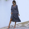 Boho Long Dress Autumn Spring Causal Black Floral Print Long Sleeve Drawstring Ruched Dresses For Women Clothes New Arrival - SunLify