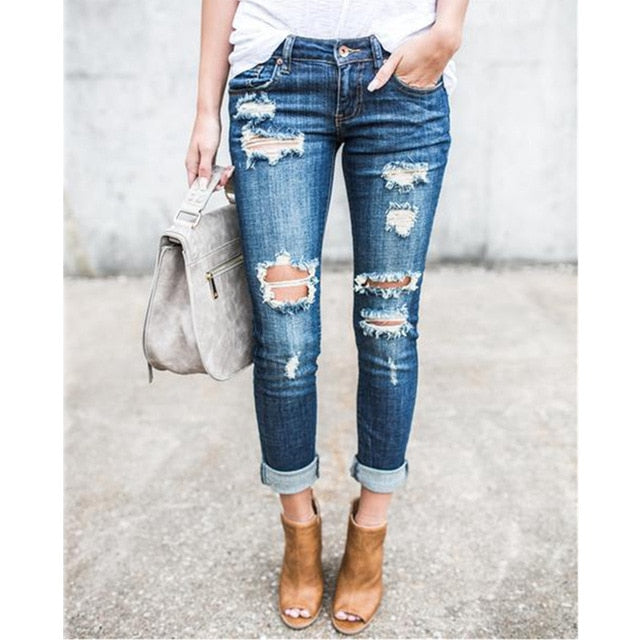 Casual Long Jeans Women High Waist Skinny Pencil Blue Denim Pants ladies Ripped Hole Vintage Slim Fit Skinny mom jean boyfriend - SunLify