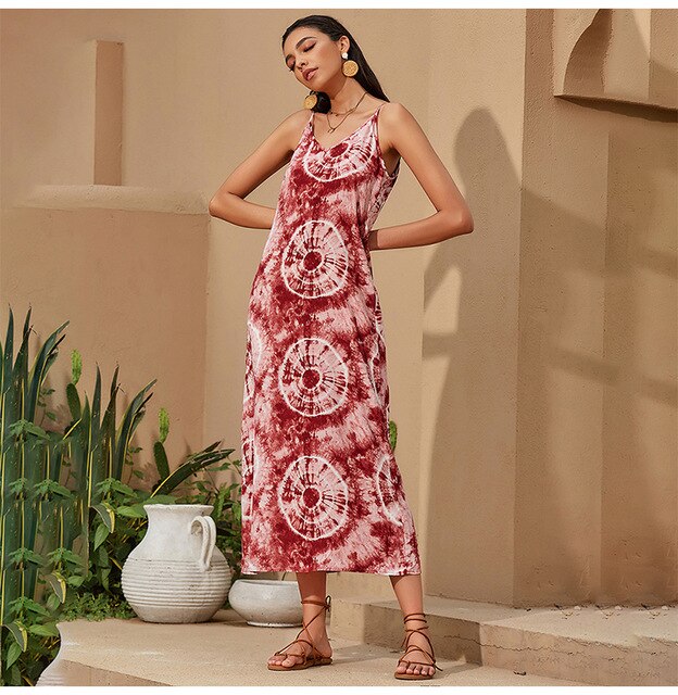 Chiffon Midi Dress Summer Slip Sundresses Women Casual Bohemian Print Backless Boho Long Clothing Red  Spaghetti Strap Dress - SunLify