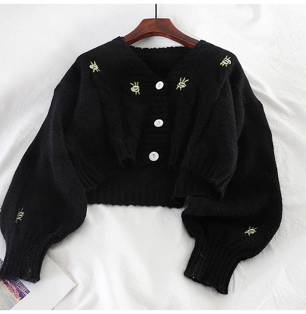 Cropped Cardigan Sweaters Women Korean Autumn Winter Long Sleeve Button Up Black Embroidery Knitted Cardigans Tops  Clothes - SunLify