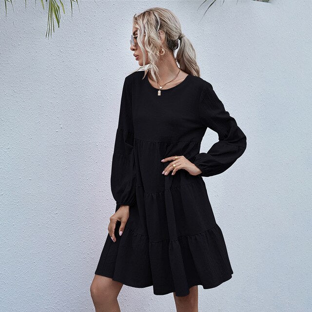 Dress Woman Autumn Spring Fashion Casual Ladies Black Ruffle Ruched Loose Fitted Womens Dresses New Arrival  Fall Clothes - SunLify