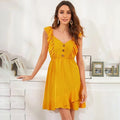 Dress Women Summer Elegant Ruffle Stitching Backless Tank Mini Dresses Button Yellow Fitted Clothing  Women Clothes Vacation - SunLify