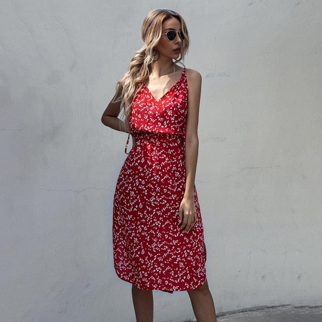 Dress Women Summer Leopard Floral Slip Sundresses Casual Fitted Slit Clothing Pink  Red Spaghetti Strap Dresses For Women - SunLify