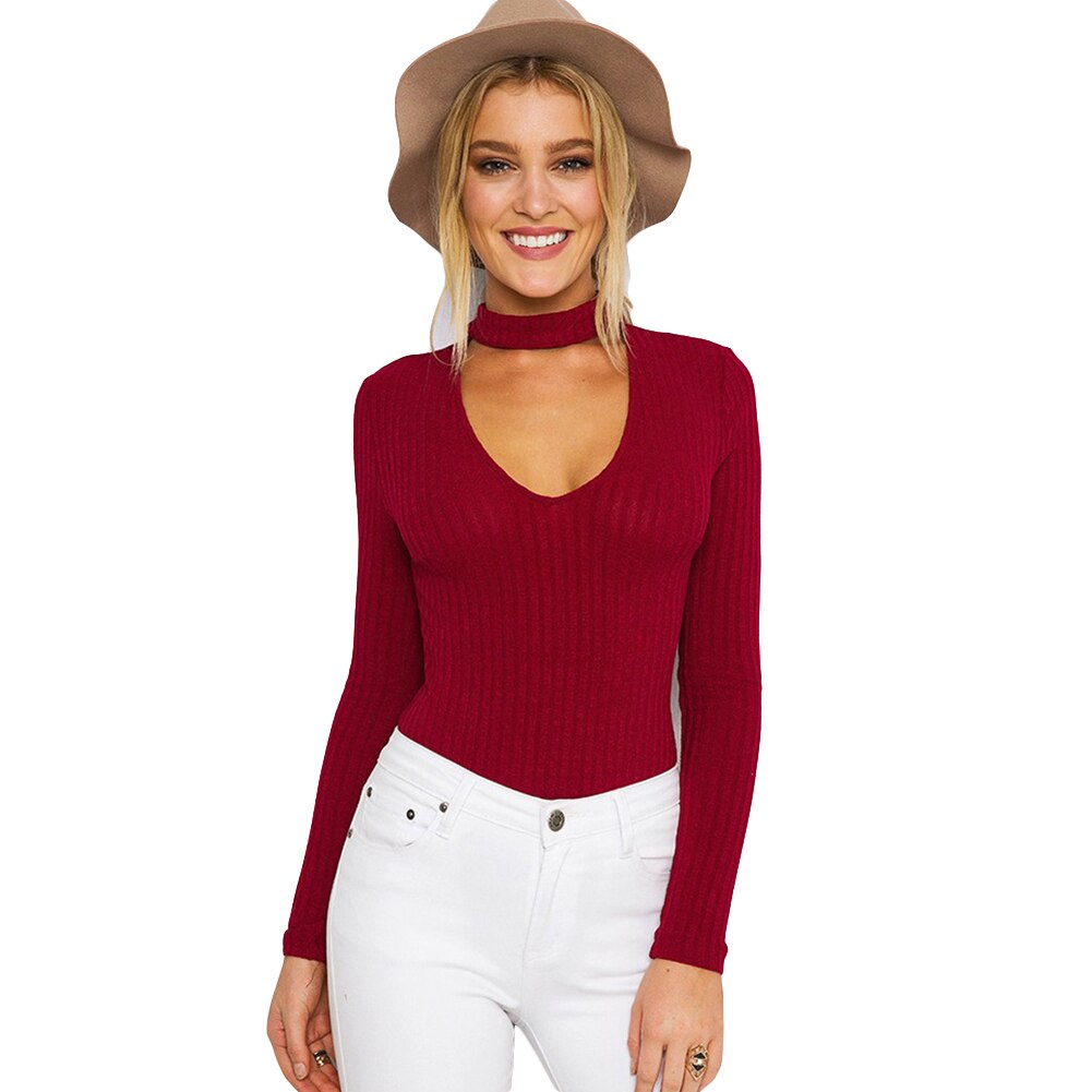 Halter knitted sweater short pullover women tops Slim v neck jumper - SunLify