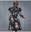 Woman Long Dress Vintage Floral Flower Long Sleeve Autumn Clothes Elegant Ladies Black Puff Sleeve Bow Dresses New Arrival - SunLify