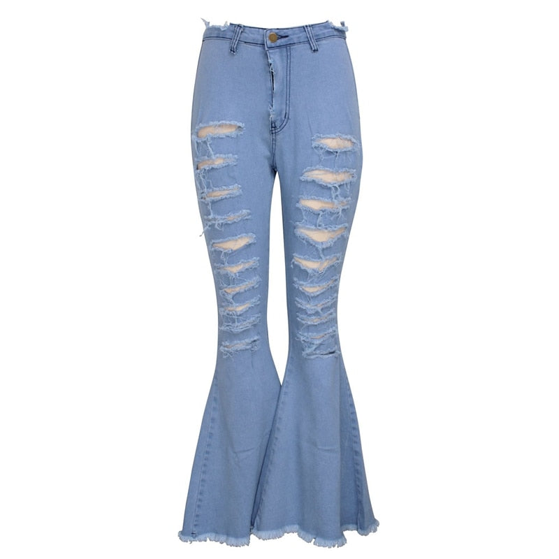 Fashion Denim Flare Pants Women Vintage Ripped Holes High Waist Jeans Wide Leg Trousers Sexy Casual Patchwork Bell-Bottoms Jeans - SunLify