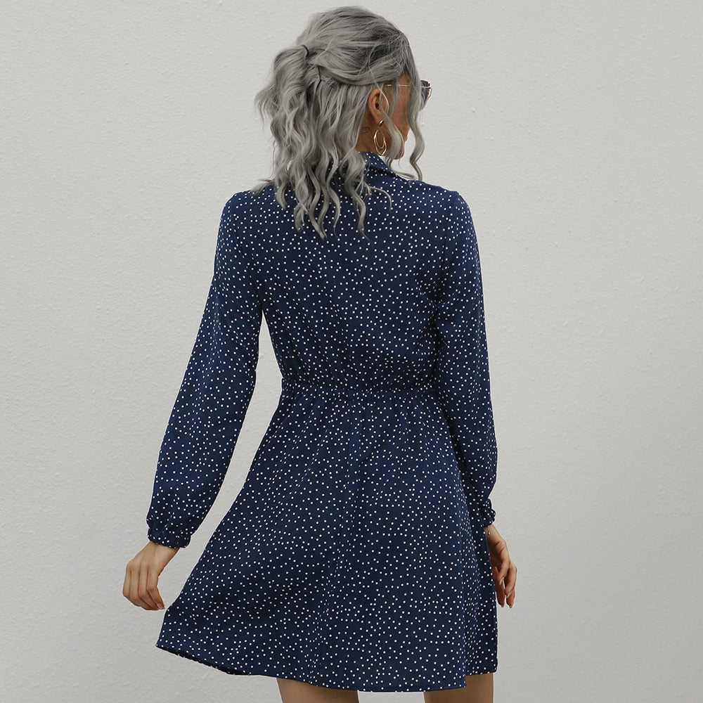 Button Up Shirt Dress Autumn Spring Casual Dot Print A-Line Dresses Elegant Floral Slim Sashes Fall  Womens Clothing Fashion - SunLify