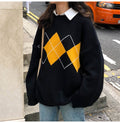 Women Sweater Autumn Winter Long Sleeve Top Korean Fashion Preppy Style Black Knitted Argyle Pullover Sweaters  Fall Clothes - SunLify