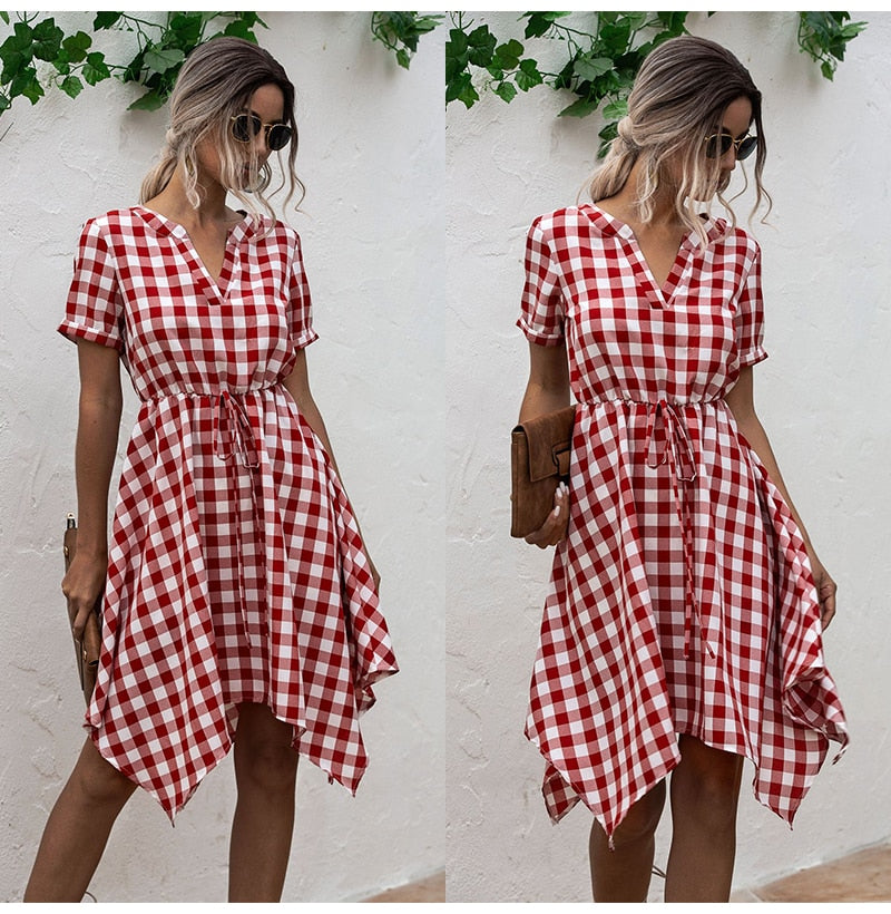 Summer Dress Women Asymmetrical Plaid Sundresses Casual Black Fitted Clothing Knees Leisure  Red Clothes For Women Everyday - SunLify