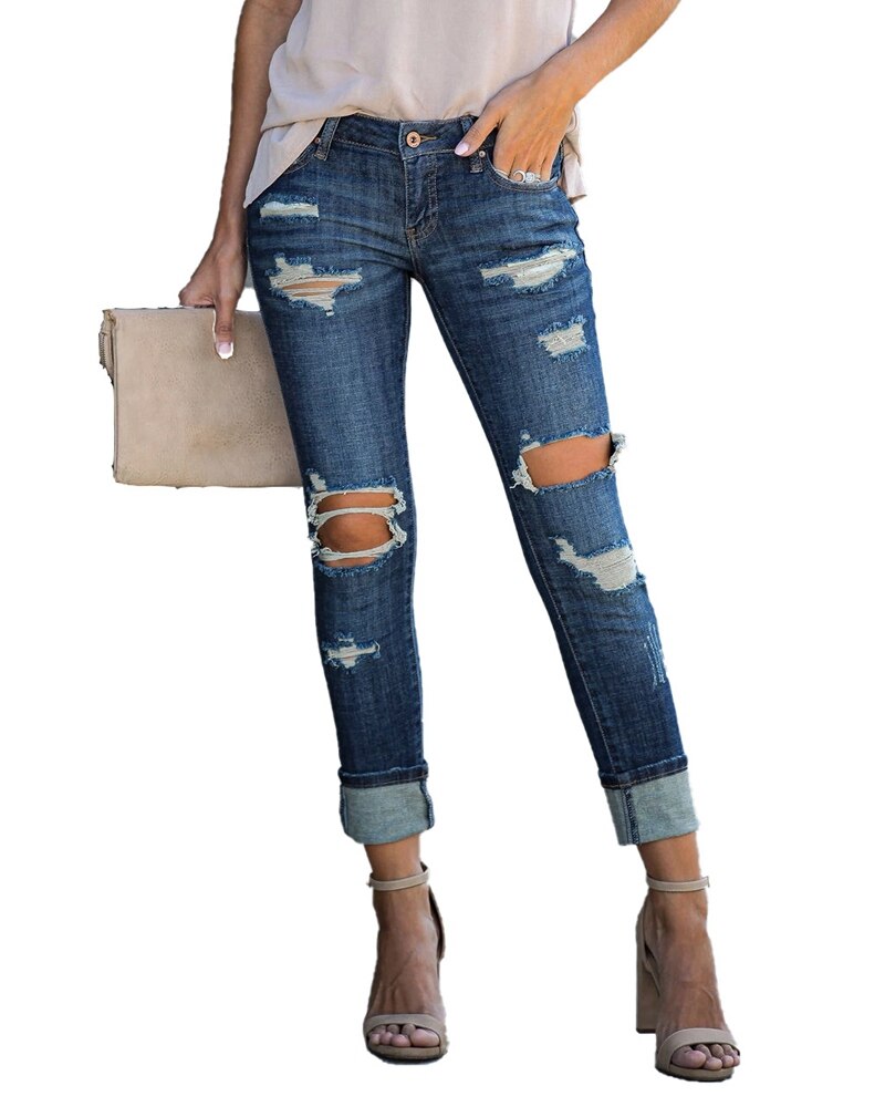 Spring Summer Fashion High Waist Ripped Hole Jeans Women Slim  Elastic Skinny Denim Pants Vintage Casual Calca Jeans Pants - SunLify
