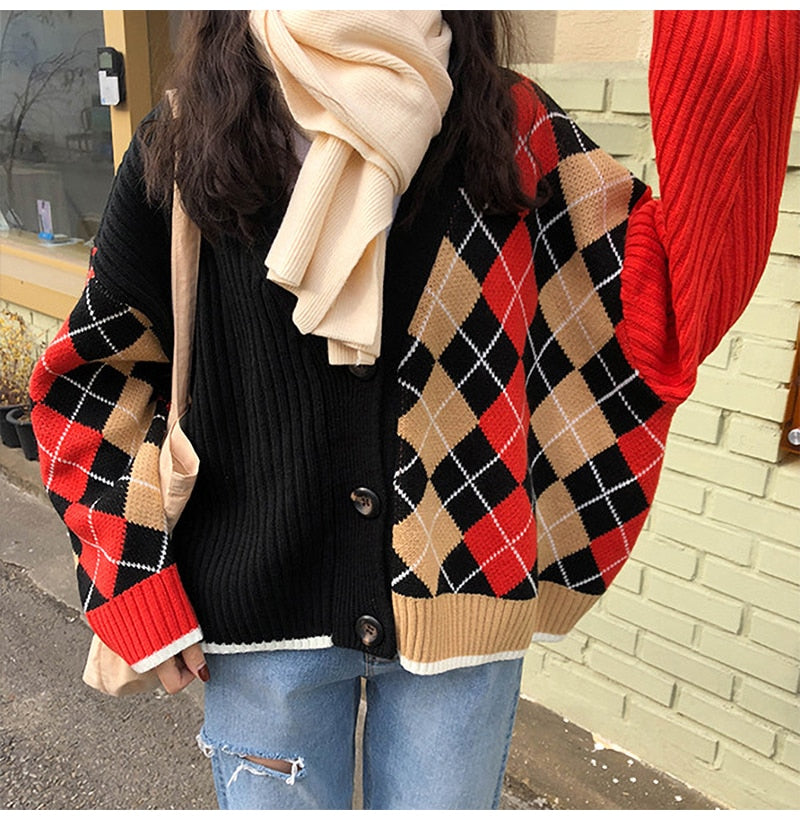 Cardigan Tops Women Autumn Winter Knitted Long Sleeve Clothes Button Up Plaid Argyle Sweater  Korean Fashion Preppy Style - SunLify