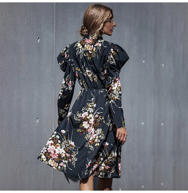 Woman Long Dress Vintage Floral Flower Long Sleeve Autumn Clothes Elegant Ladies Black Puff Sleeve Bow Dresses New Arrival - SunLify