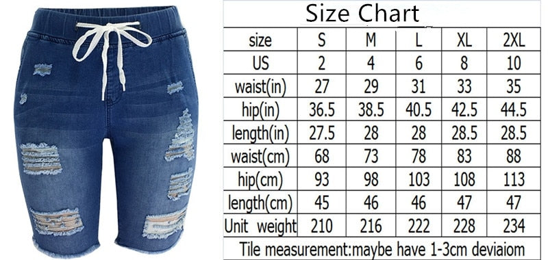 New Fashion Ripped Knee Length Denim Shorts Women Elastic Drawstring Mid Waist Biker Short Jeans Women Summer  Casual Shorts - SunLify