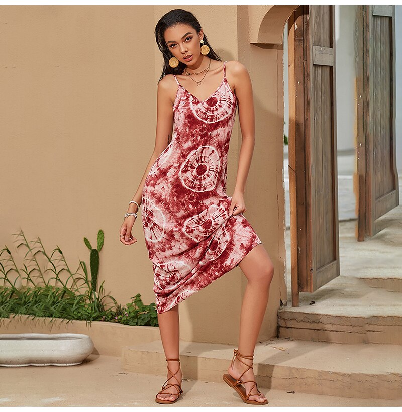 Chiffon Midi Dress Summer Slip Sundresses Women Casual Bohemian Print Backless Boho Long Clothing Red  Spaghetti Strap Dress - SunLify