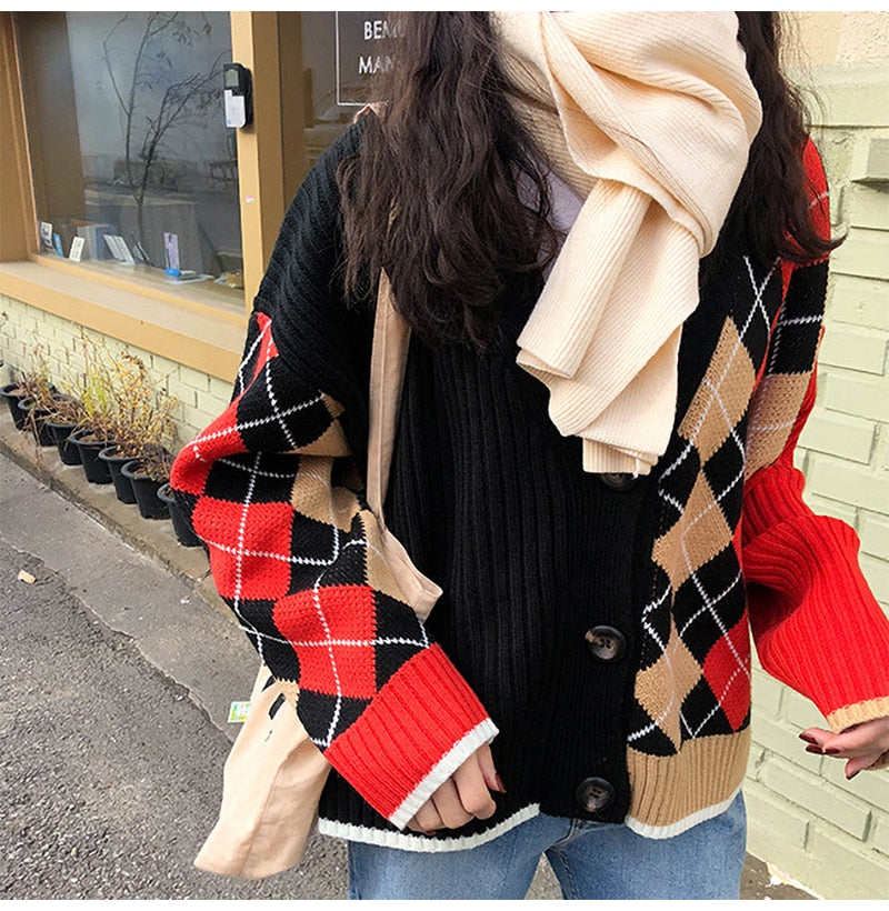 Cardigan Tops Women Autumn Winter Knitted Long Sleeve Clothes Button Up Plaid Argyle Sweater  Korean Fashion Preppy Style - SunLify