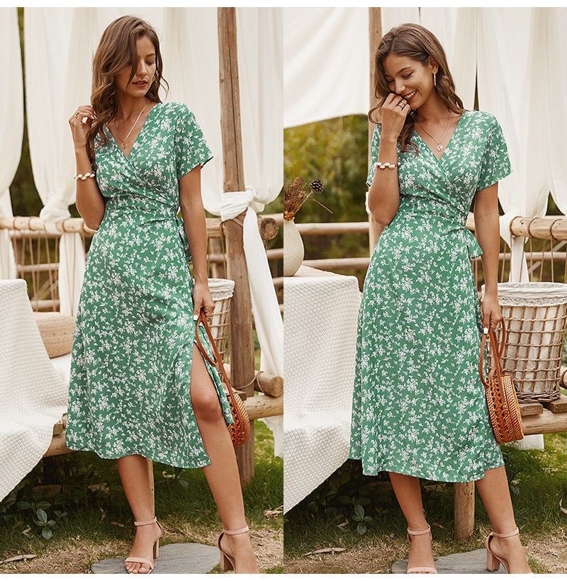 Summer Long Dress Women Casual Floral Print Midi Sundresses Bow Belt Ladies Fitted Everyday Clothes  Red Dresses For Women - SunLify