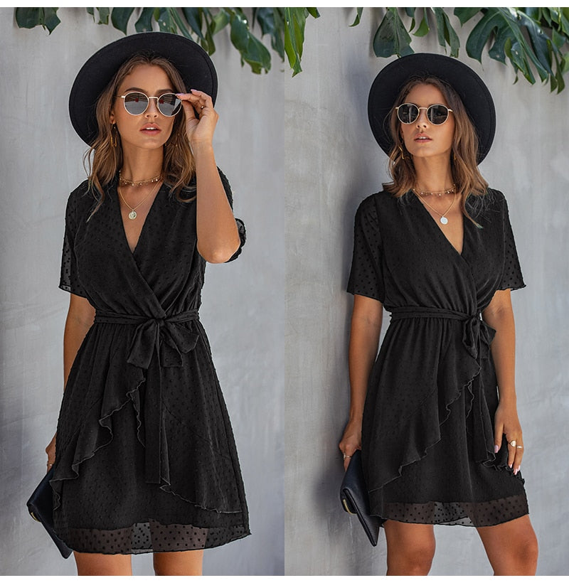 Women Dress Casual Ruffle Bow Lacing-Up Black Summer Sundresses Fitted Everyday Mini Short Clothing High Waist Red  Yellow - SunLify