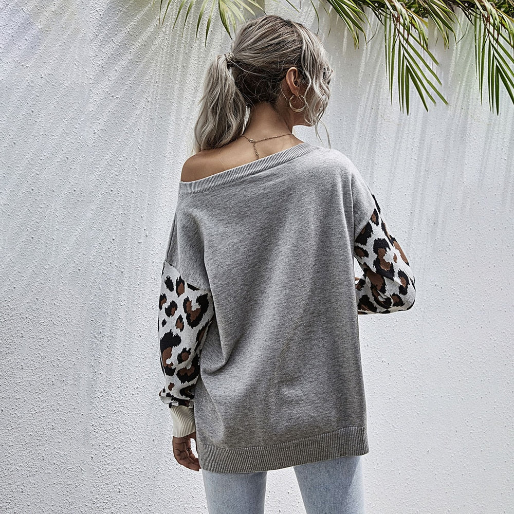 Sweater Autumn Winter Patchwork Leopard Long Sleeve Knit Womans Clothes Loose Pullover Sweaters For Women  Fall Fashion Tops - SunLify