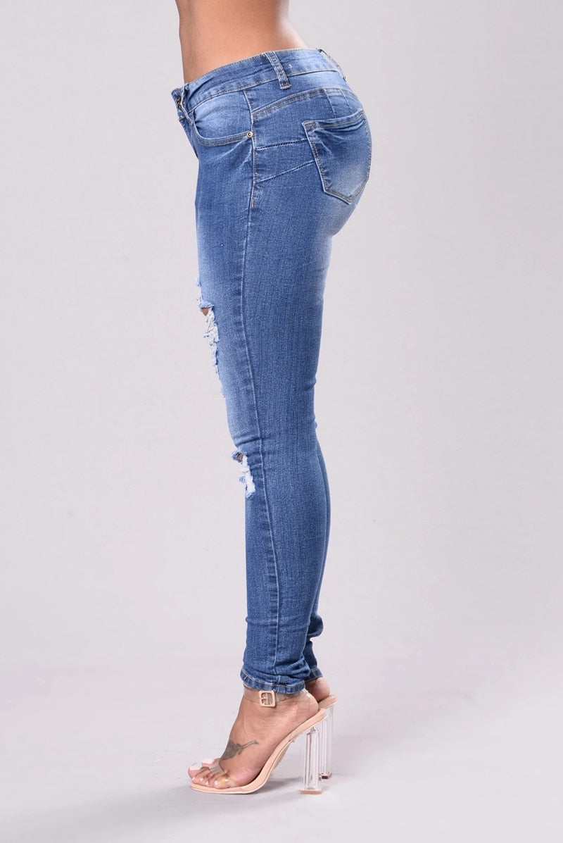 Fashion Stretch Hole Slim High street Tassel Ripped Jeans Women Mid Waist Denim Hip Pants Trousers Sexy Pencil Skinny Jeans - SunLify