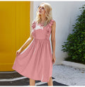 Long Dress Elegant Women Ruffle Patchwork Ruched Sleeveless Tank Midi Dresses Summer Casual Ladies Pure Black Clothing  Pink - SunLify