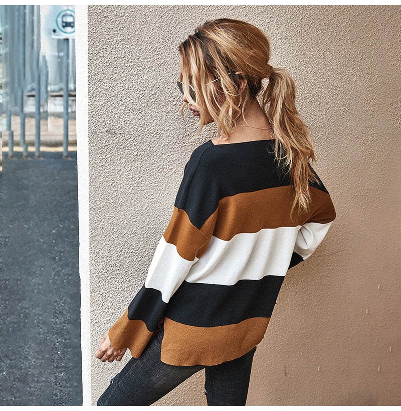 Knitted Sweater Ladies Striped Stitching Long Sleeve Pullover Sweaters Tops Fashion Autumn Winter Clothes Jumper Knitwear Women - SunLify