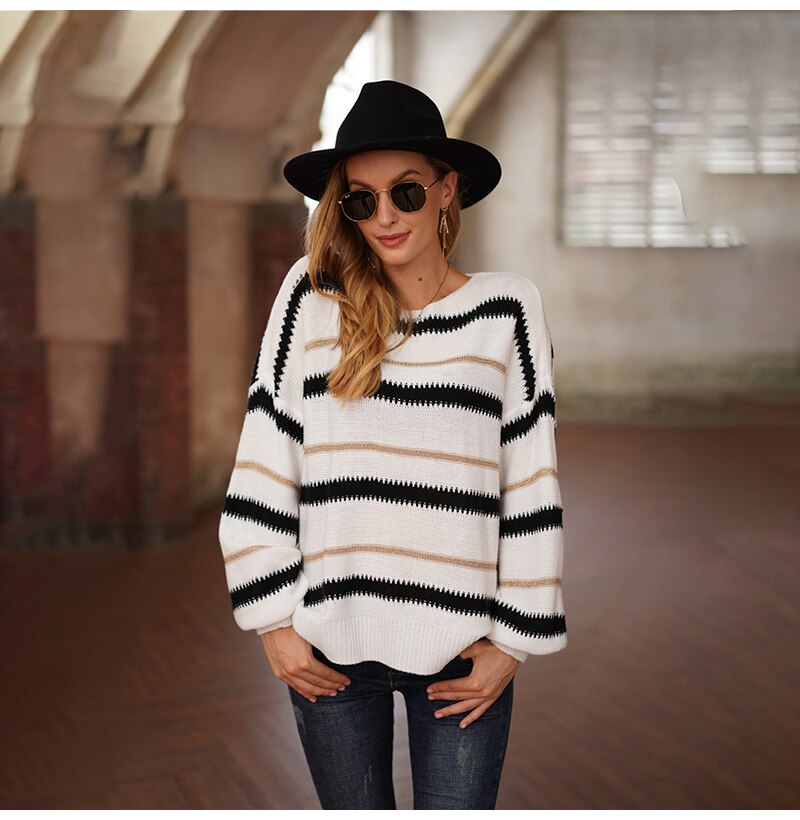 Woman Sweaters Autumn Winter Long Sleeve Tops Clothes Casual Loose White Striped Stitching Knitted Pullover Sweater Fall - SunLify