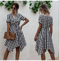 Summer Dress Women Asymmetrical Plaid Sundresses Casual Black Fitted Clothing Knees Leisure  Red Clothes For Women Everyday - SunLify