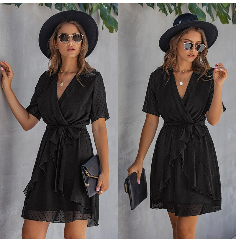 Women Dress Casual Ruffle Bow Lacing-Up Black Summer Sundresses Fitted Everyday Mini Short Clothing High Waist Red  Yellow - SunLify