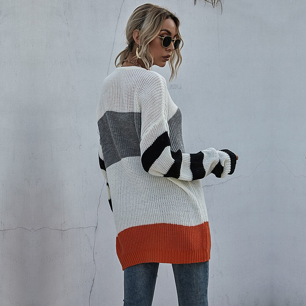 Long Sweaters Woman Autumn Winter Stitching Striped Long Sleeve Knitted Tops Pullover Sweater Fall  Fashion Womens Clothes - SunLify