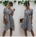 Summer Dress Women Asymmetrical Plaid Sundresses Casual Black Fitted Clothing Knees Leisure  Red Clothes For Women Everyday - SunLify